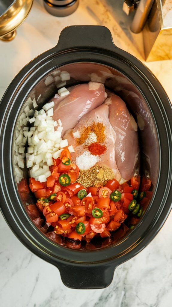 A crockpot filled with raw chicken breasts, diced onions, garlic, spices, and diced tomatoes with green chilies being poured in