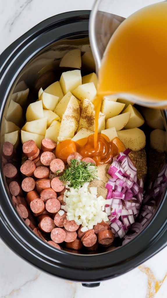 Crockpot filled with layers of diced potatoes, browned sausage, chopped onion, garlic, and seasonings