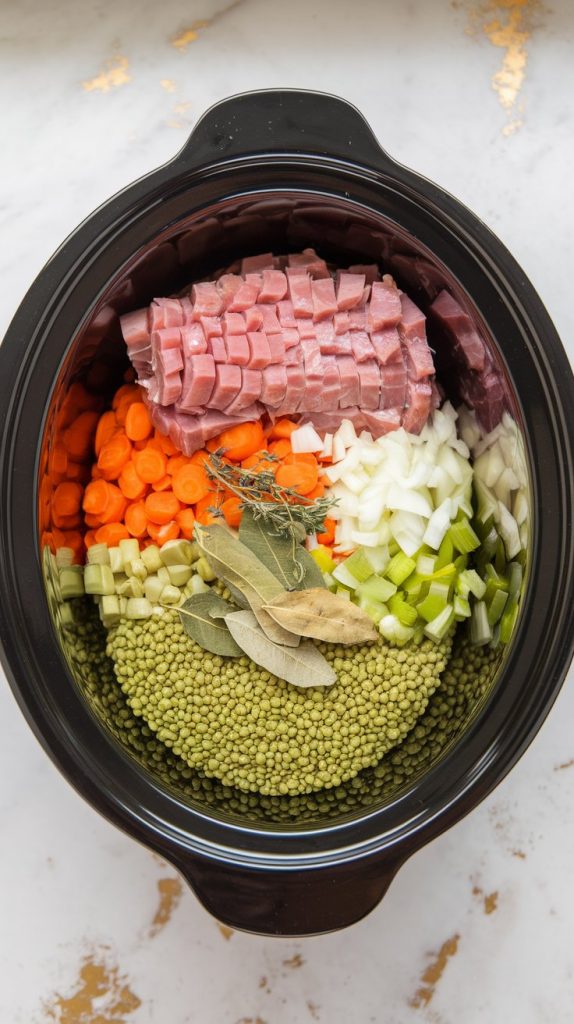 All ingredients layered inside a crockpot before adding liquid