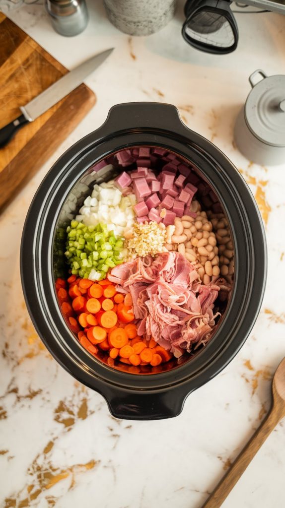 a crockpot filled with diced carrots, celery, onions, minced garlic