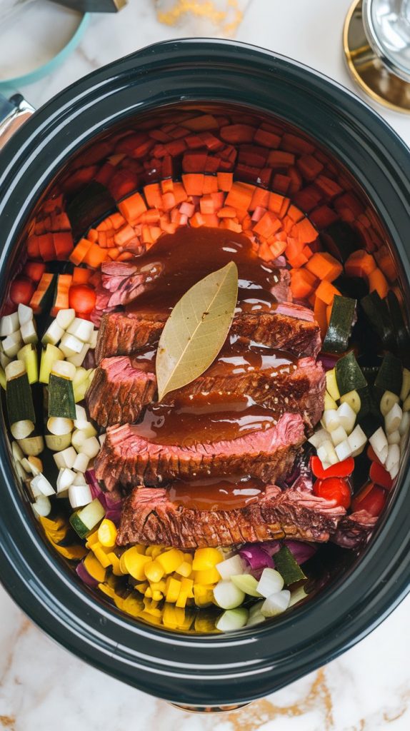 a crockpot filled with layers of chopped veggies, browned short ribs, and sauce poured on top