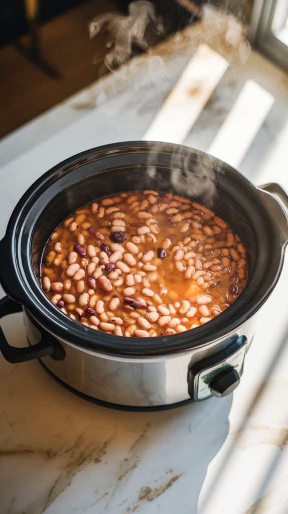 A crockpot simmering with pinto beans in a flavorful broth, with steam rising from the pot