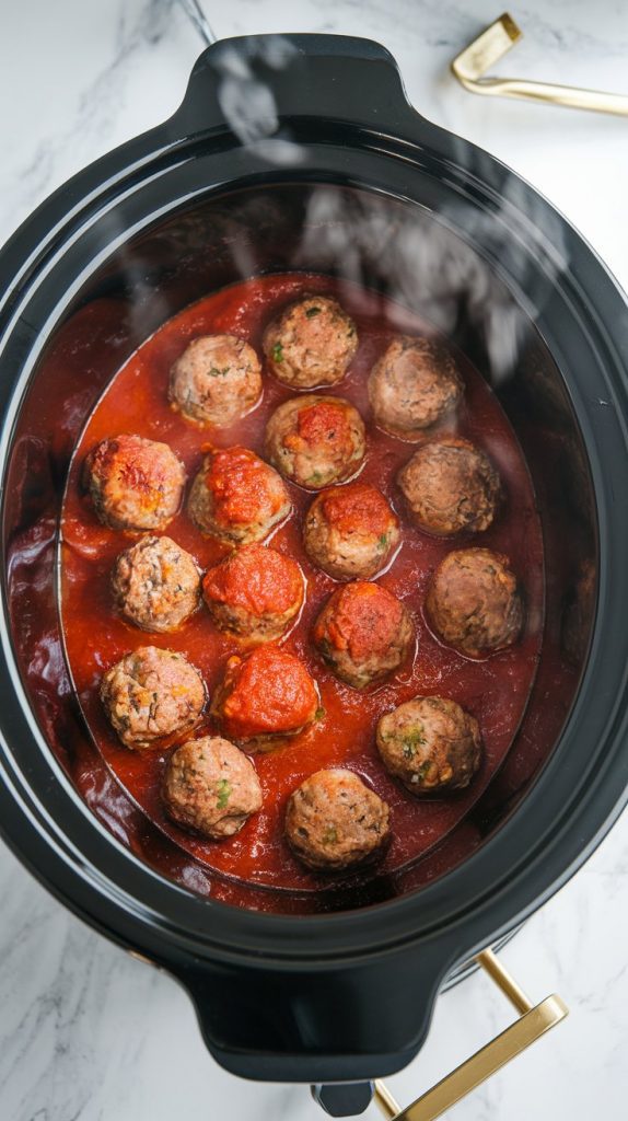 a crockpot full of bubbling marinara sauce and perfectly cooked meatballs