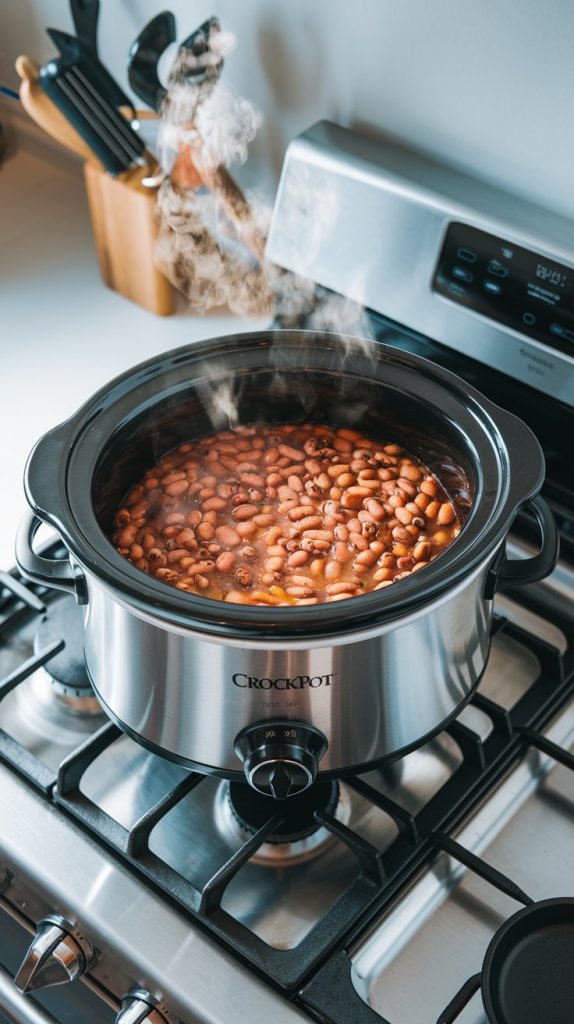 A crockpot halfway through cooking, with bubbling beans and steam rising