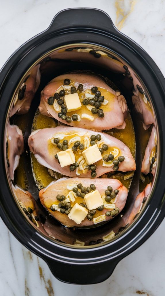 A crockpot insert with chicken breasts arranged inside, topped with minced garlic, pats of butter