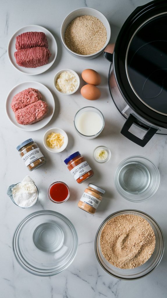 Top-down shot of all the ingredients for homemade crockpot meatballs