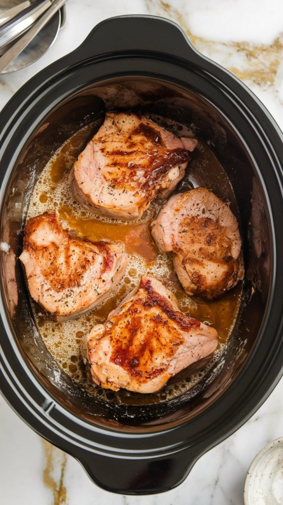 A crockpot mid-cooking, showing tender pork chops simmering in a bubbling Italian dressing and ranch seasoning sauce