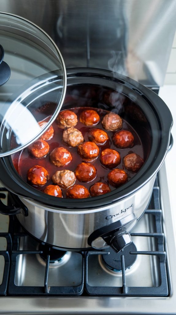 A crockpot in action with a glossy cranberry BBQ sauce bubbling over meatballs