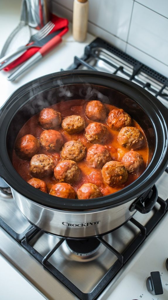 A crockpot mid-cooking, filled with meatballs simmering in rich tomato sauce