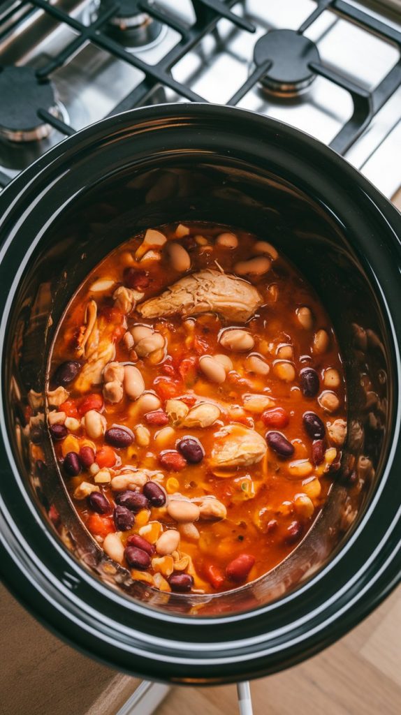 a crockpot in action, showing the chili simmering with chunks of chicken still intact