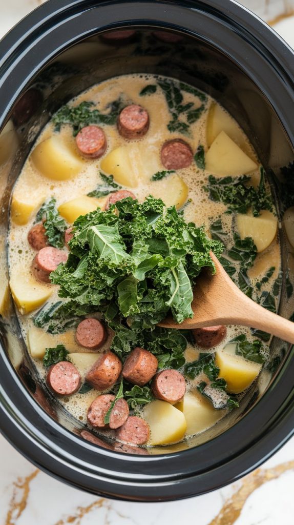 a Crockpot with freshly chopped vibrant green kale sitting on top of the cooked soup