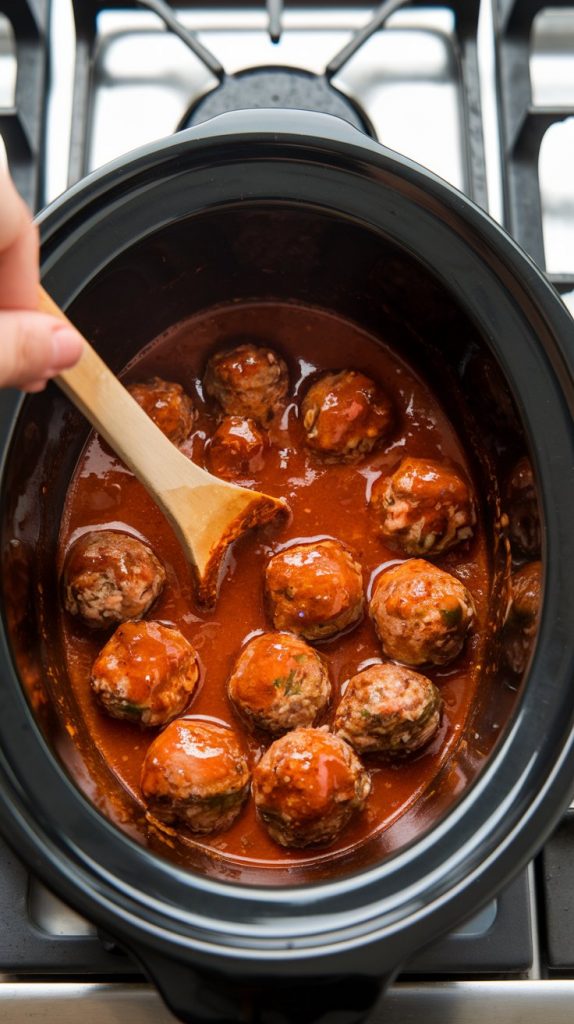 a crockpot with bubbling sweet chili meatballs being stirred