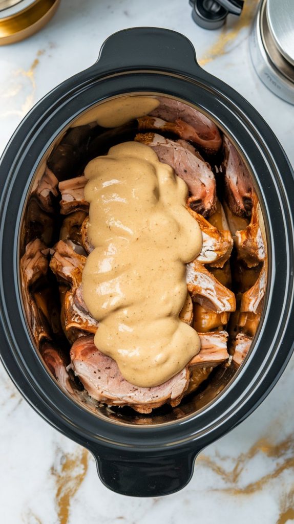 a crockpot with pork chops layered at the bottom and creamy sauce poured on top