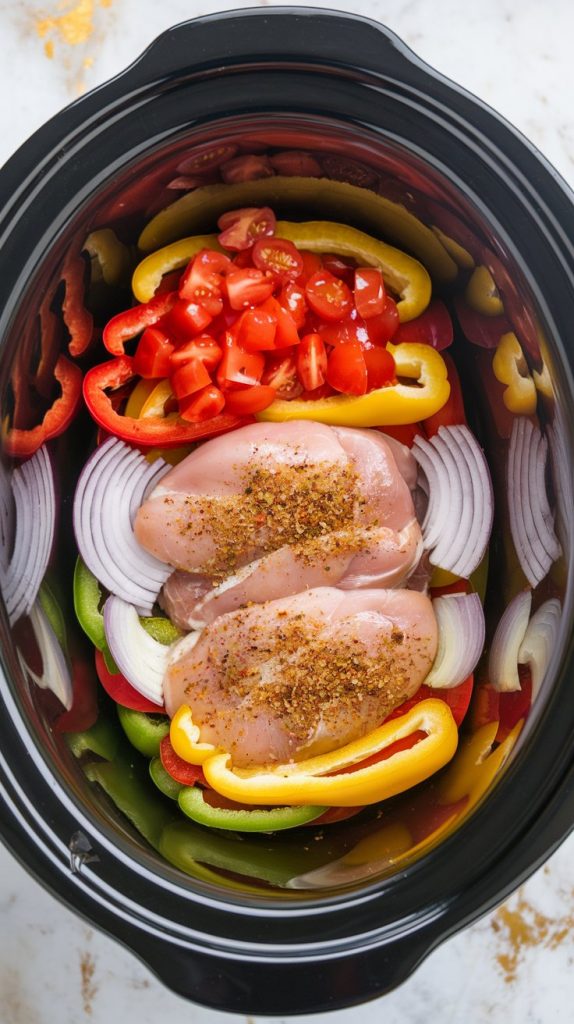 crockpot filled with raw chicken breasts, sliced vegetables, fajita seasoning, olive oil, and canned diced tomatoes