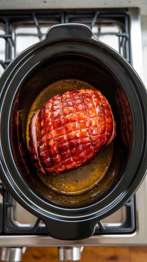 A Crockpot with the lid on, showing the ham cooking inside with the glaze bubbling slightly