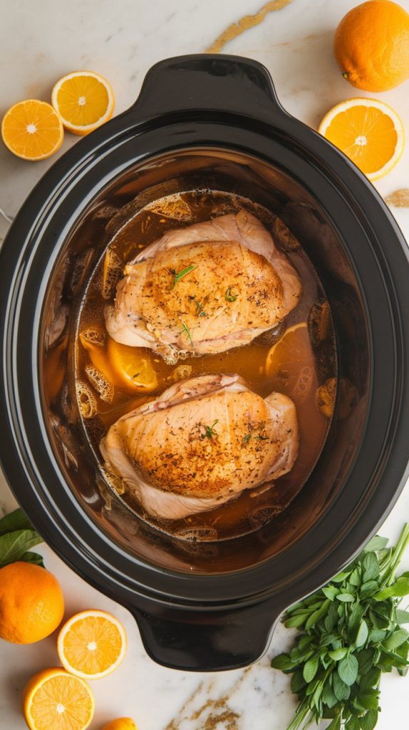 Slow cooker bubbling with fully cooked chicken, tender and juicy