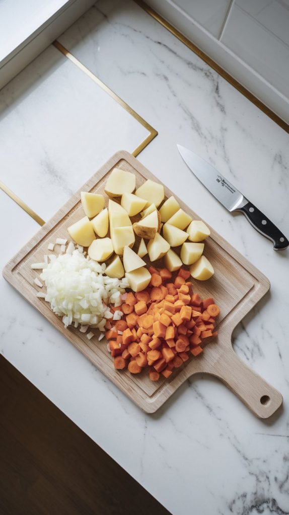 a cutting board with freshly diced potatoes, carrots, and onion alongside a small chef’s knife