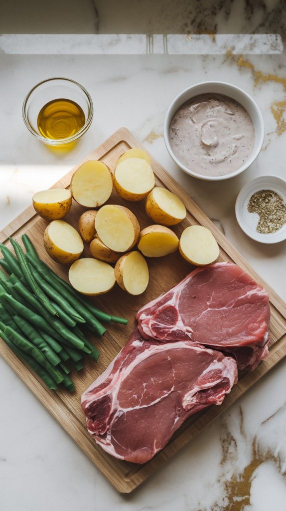 A cutting board with halved baby potatoes, trimmed green beans, and raw pork chops laid out