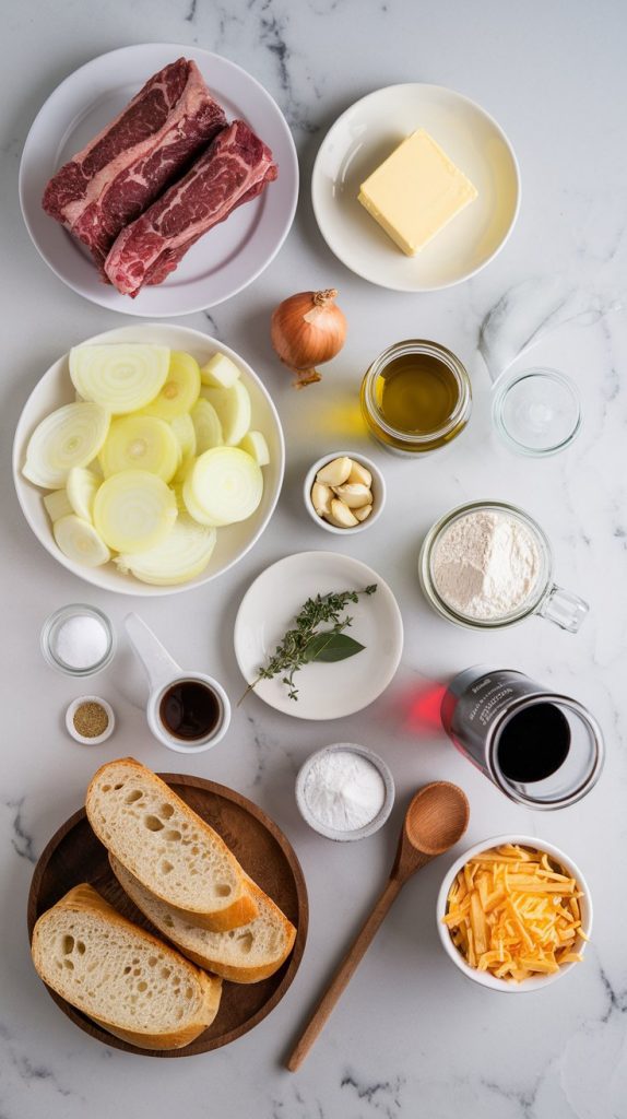 all ingredients for French Onion Crockpot Short Ribs Soup