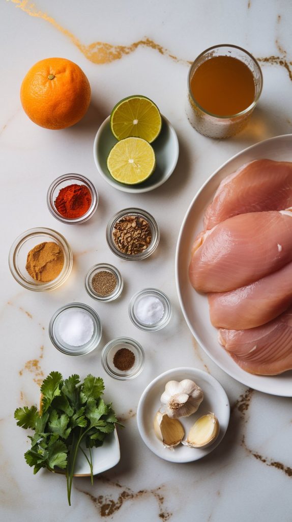 A neatly arranged flat lay of all ingredients: raw chicken breasts, a whole orange and lime