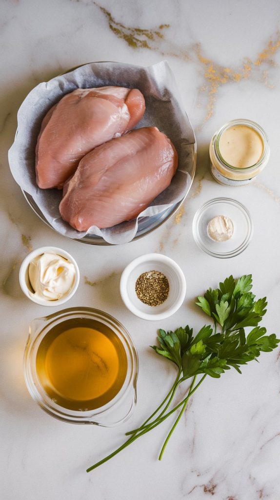 A neatly arranged flat lay of the ingredients for Crockpot Ranch Chicken