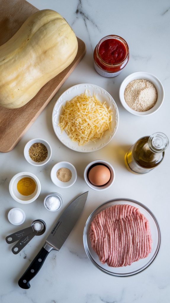 all ingredients for Slow Cooker Spaghetti Squash and Turkey Meatballs