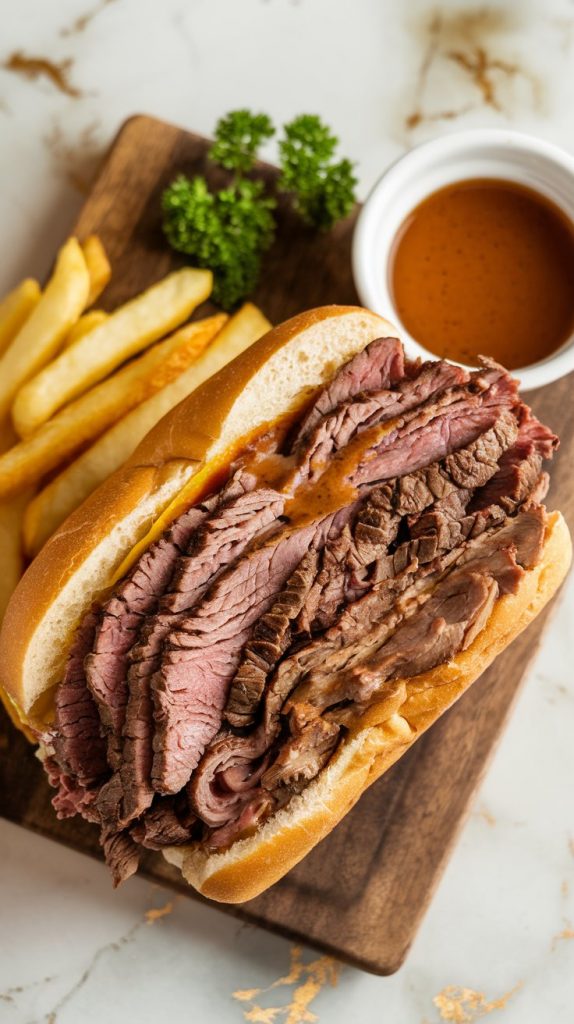 a French dip sandwich served on a wooden board, with a small bowl of au jus on the side