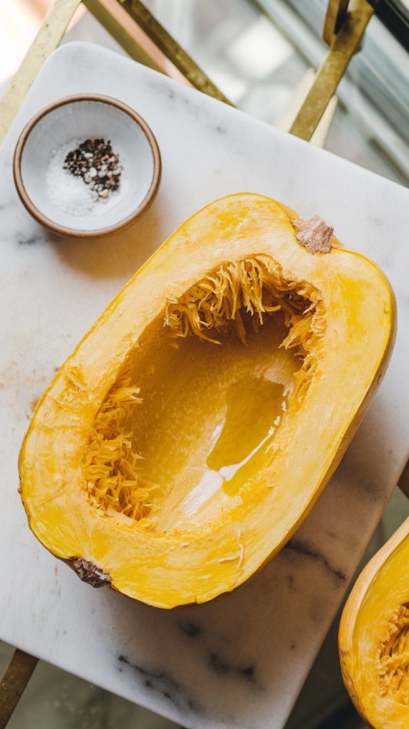 halved spaghetti squash on a cutting board, seeds scooped out