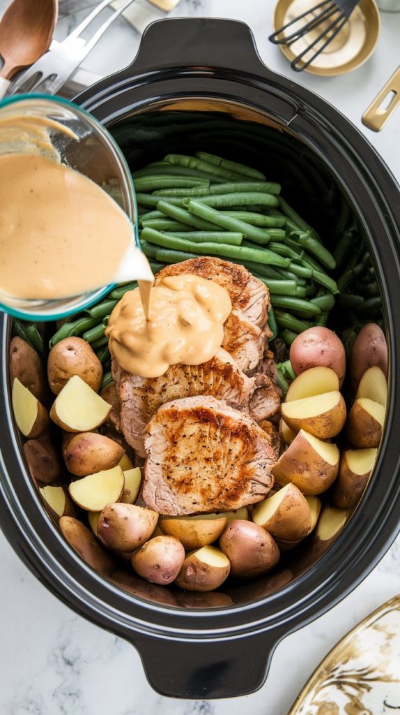 A large crockpot with a layer of halved potatoes, pork chops stacked on top, and fresh green beans covering them