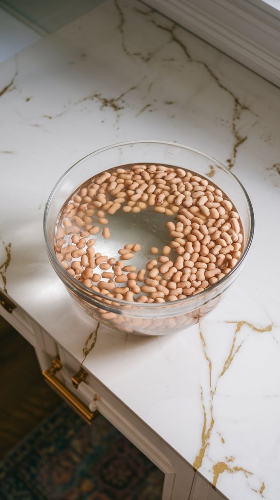 an image of pinto beans soaking in a large glass bowl of water