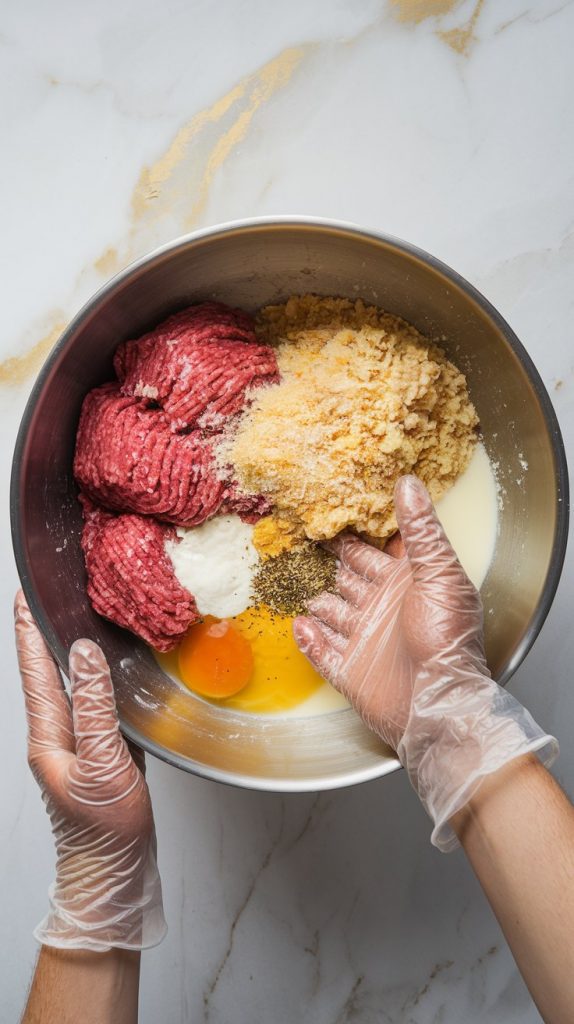 A large mixing bowl filled with raw ground beef, ground pork