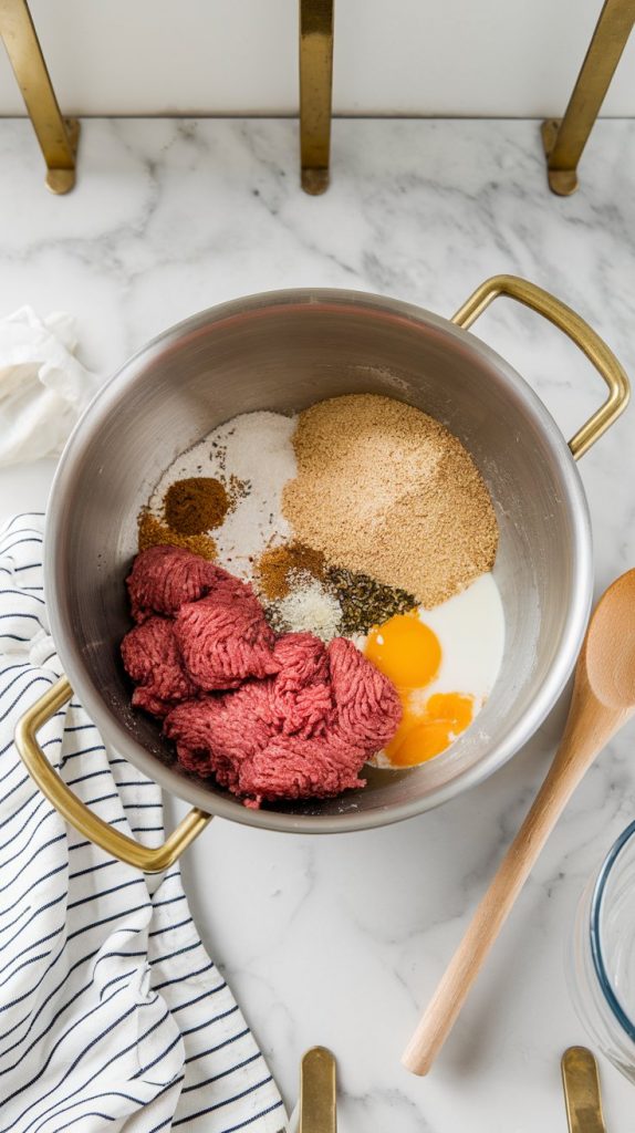 a large mixing bowl filled with ground beef, breadcrumbs, egg, milk, and seasonings