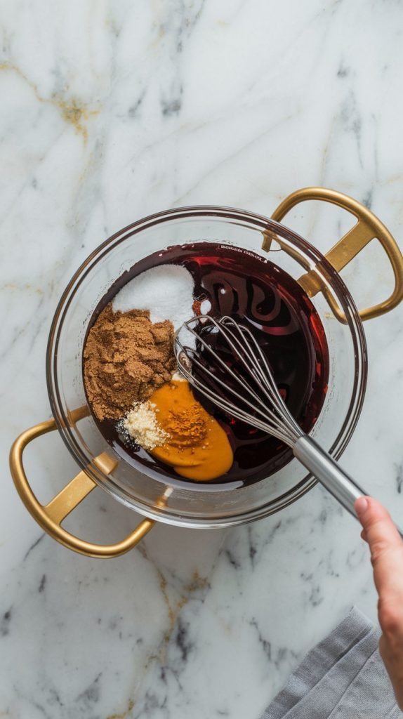 A mixing bowl with Coca-Cola, brown sugar, honey, Dijon mustard