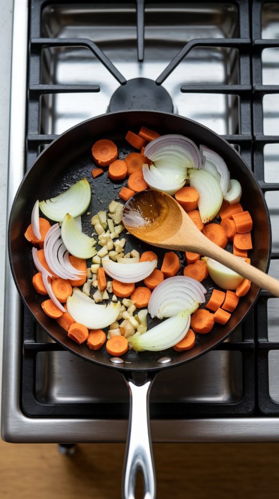 Sliced onions, carrot chunks, and minced garlic being sautéed in a large skillet