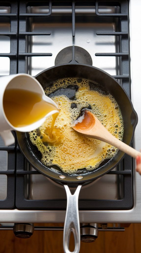 Melted garlic butter sauce in a skillet, golden and bubbly