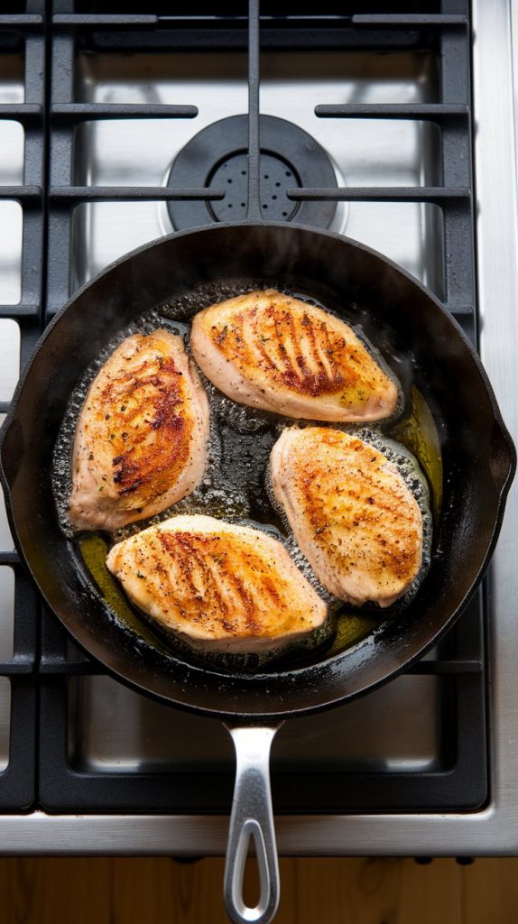 Four seasoned chicken breasts searing in a black skillet with olive oil