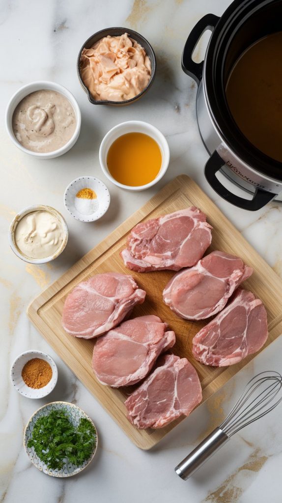 all ingredients for Pioneer Woman Crockpot Pork Chops