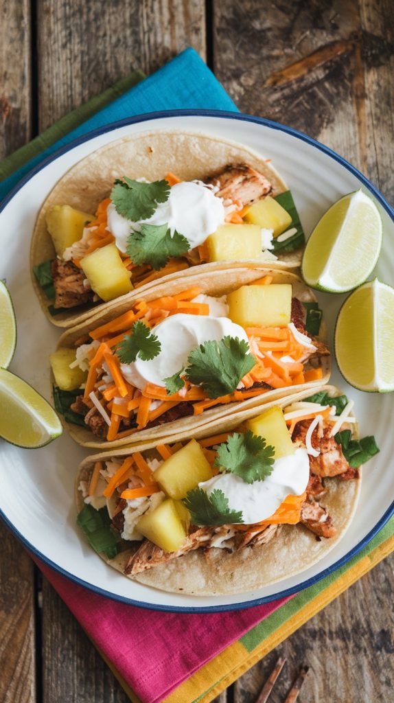 assembled tacos on a plate, each stuffed with chicken, pineapple, sour cream, cheese, and cilantro