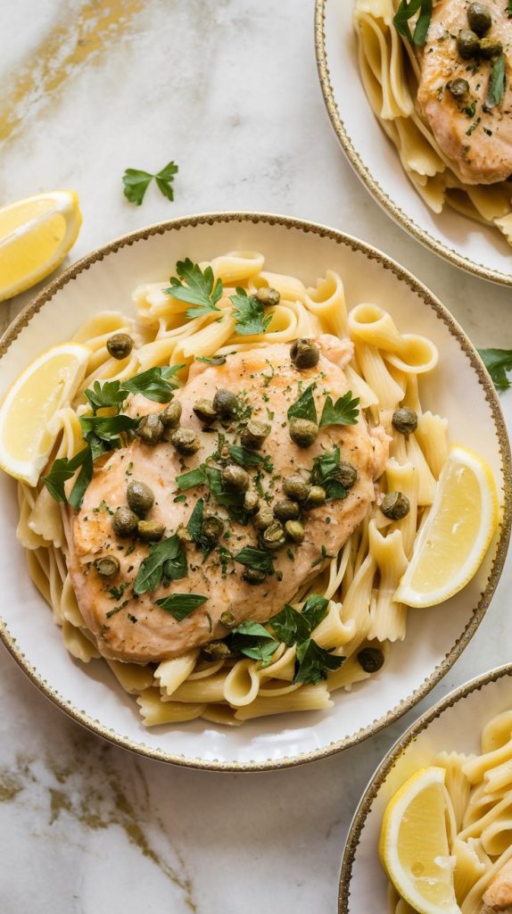 A plate of crockpot chicken piccata served over pasta, topped with fresh parsley and capers