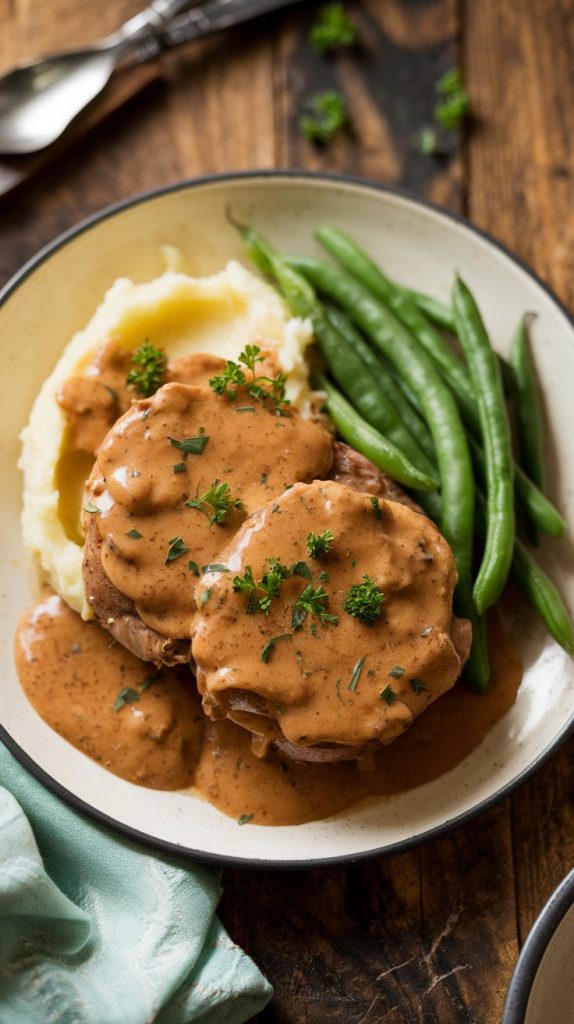 A plate of crockpot pork chops smothered in rich onion gravy