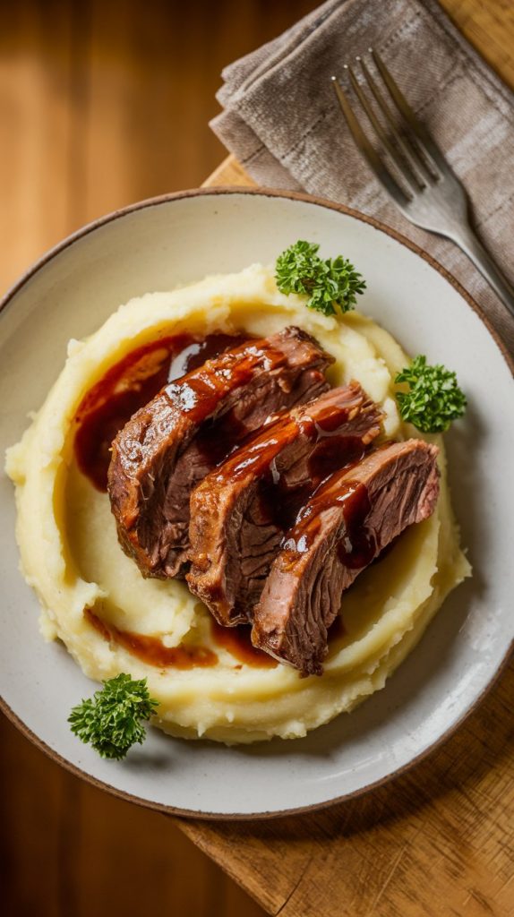 plated short ribs with mashed potatoes, drizzled with sauce and garnished with parsley