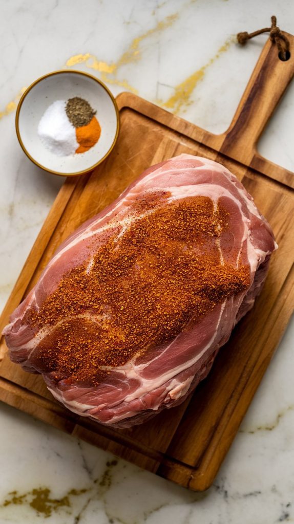 A raw pork shoulder coated in olive oil and a spice blend