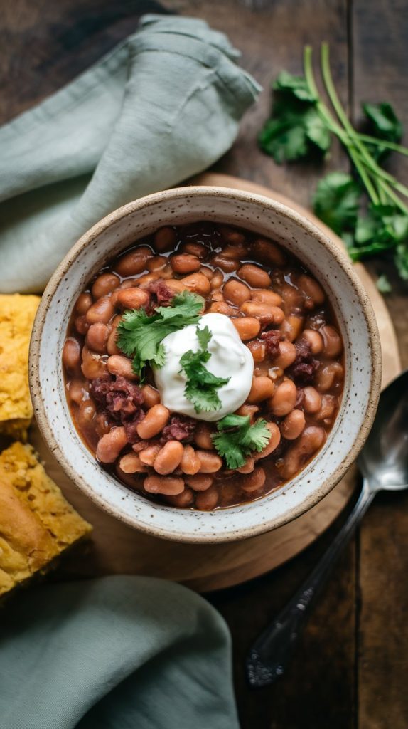 A steaming bowl of tender crockpot pinto beans topped with a sprinkle of fresh chopped cilantro and a dollop of sour cream