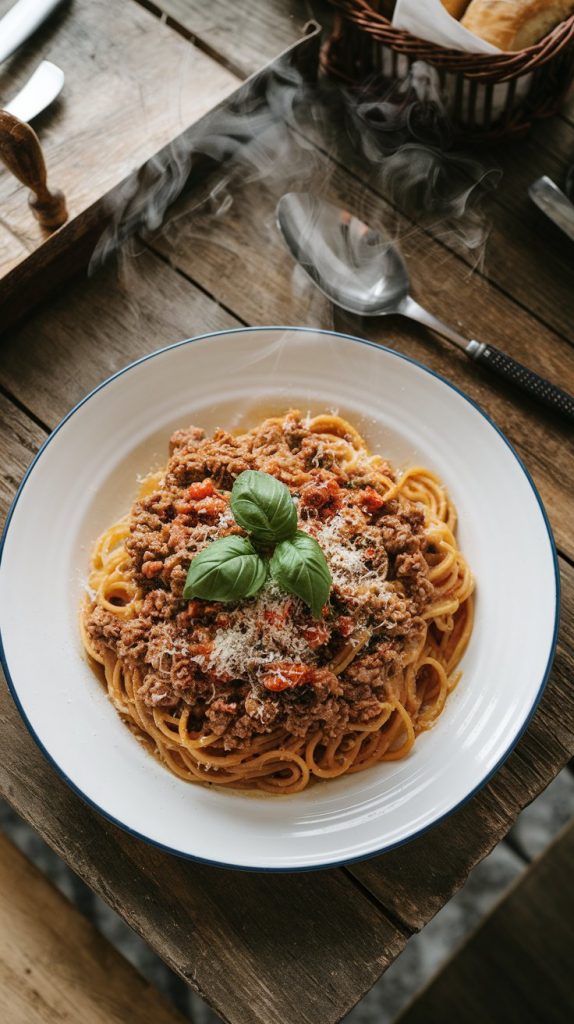 A serving of Italian ground beef over spaghetti, topped with fresh basil and grated Parmesan