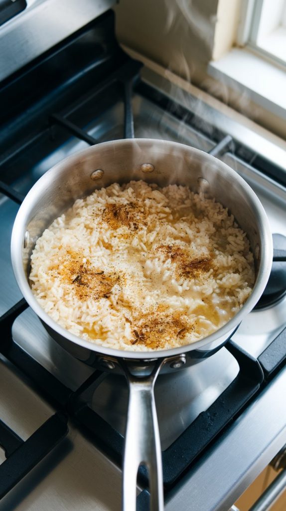 A saucepan on a modern stainless steel gas stove, with rice simmering in chicken broth