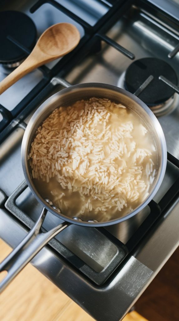 A saucepan with rice and broth simmering on a modern stainless steel gas stove