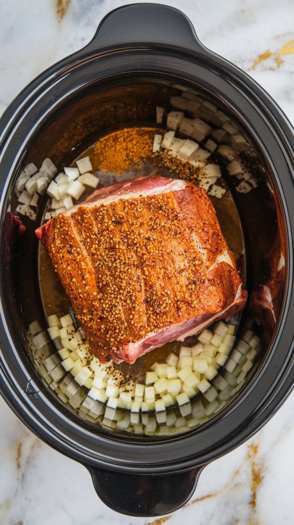 A crockpot filled with a seasoned pork shoulder, orange juice, lime juice, chicken broth