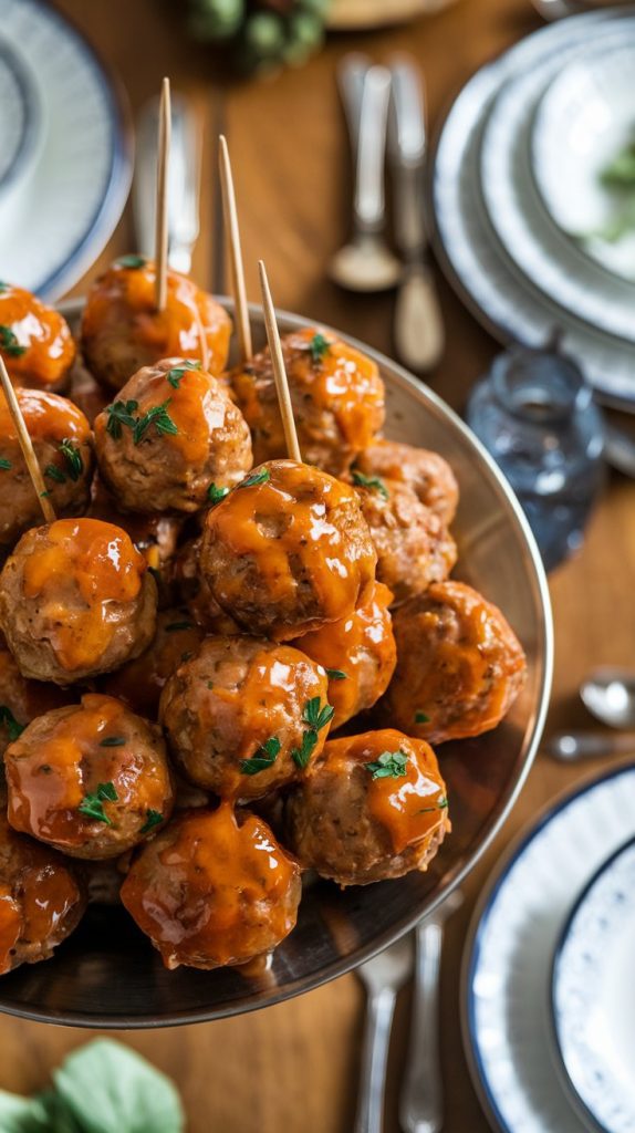 A serving platter filled with glossy, perfectly cooked orange marmalade meatballs