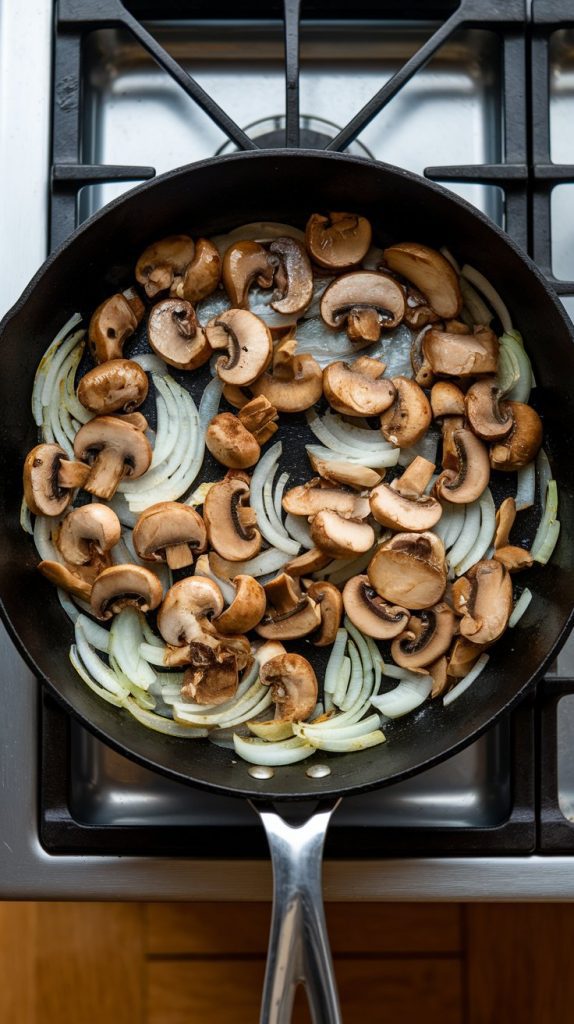 A skillet filled with sautéed onions and mushrooms cooking in the leftover steak drippings