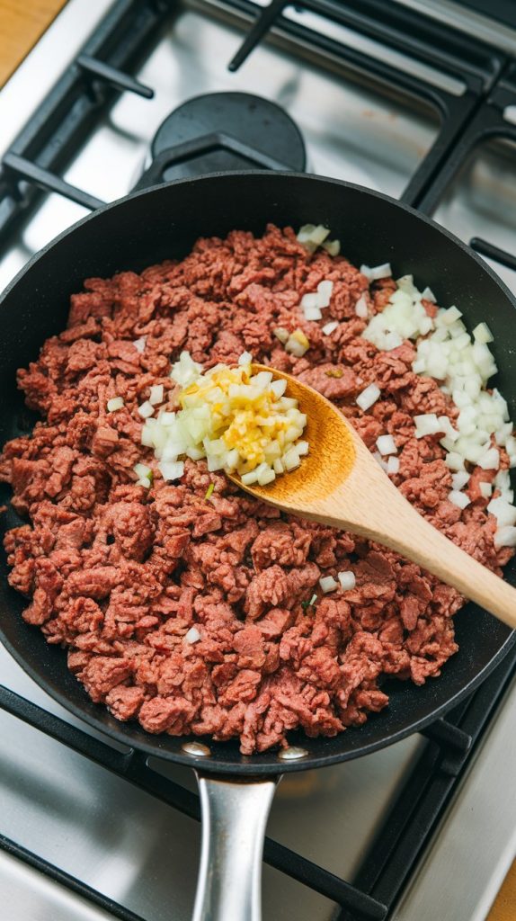 a skillet on a stovetop with browned ground beef, diced onions